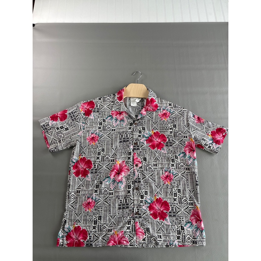 Makani Hawaii Mens Large Hibiscus Geometric Tribal Print Coconut Button Shirt